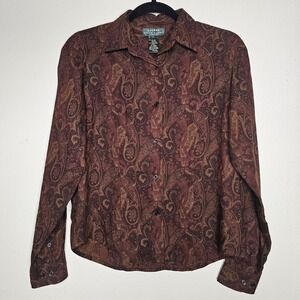Lauren Ralph Lauren‎ Womens P/M Brown Paisley Wool Blend Button Up Shirt